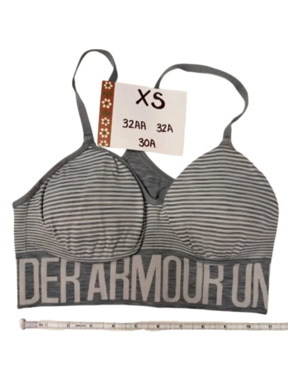 Under Armour Gray and White Striped Sports Bra‎ Women XS Bralette Adjustable Gym